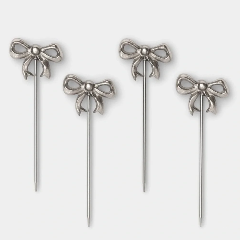 4pk Bow Cocktail Picks Silver Drink Decor